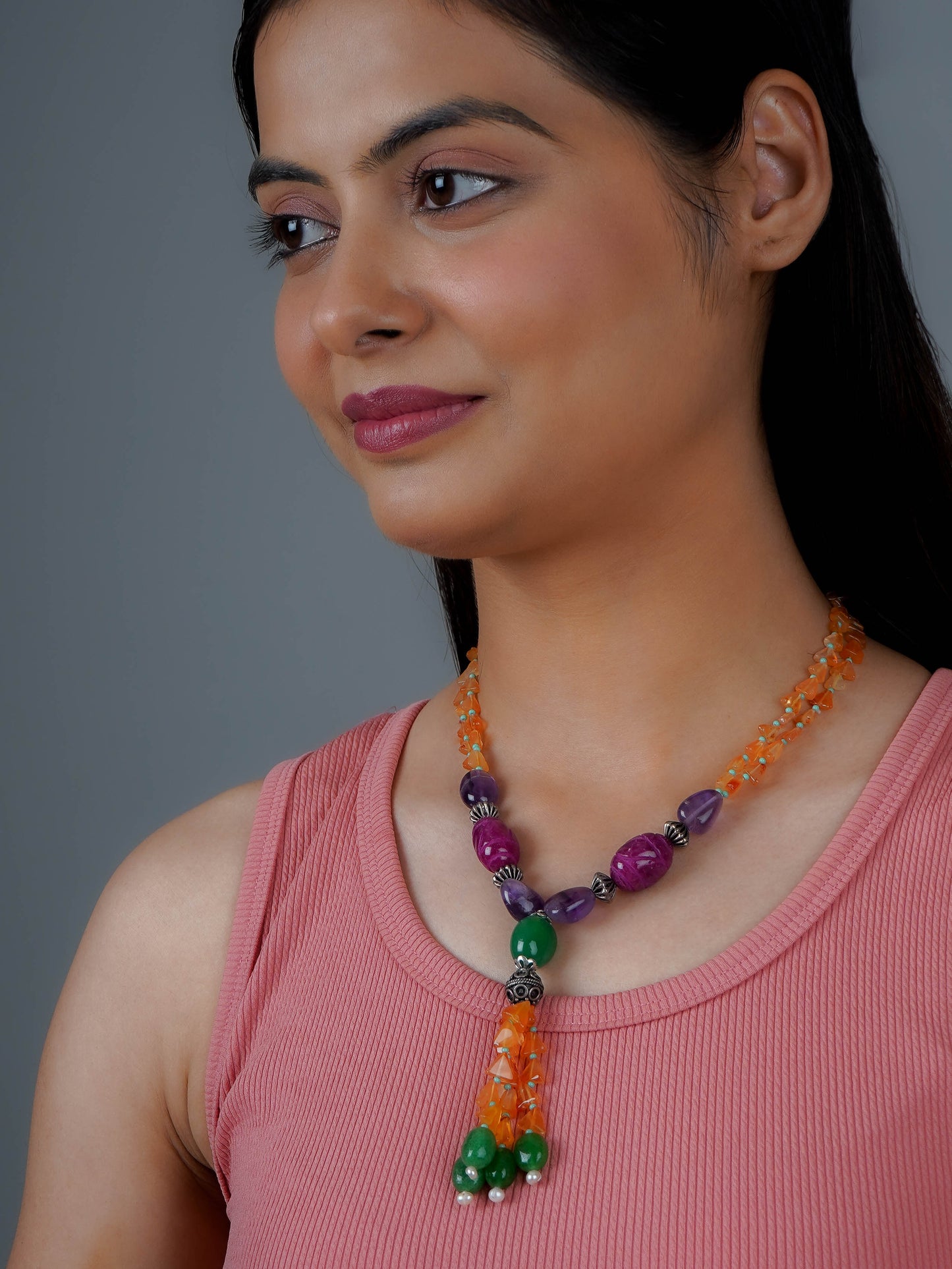 Natural Multistone And Silver Beads Necklace