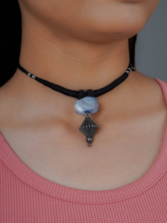 Silver Drop In Black Thread Necklace