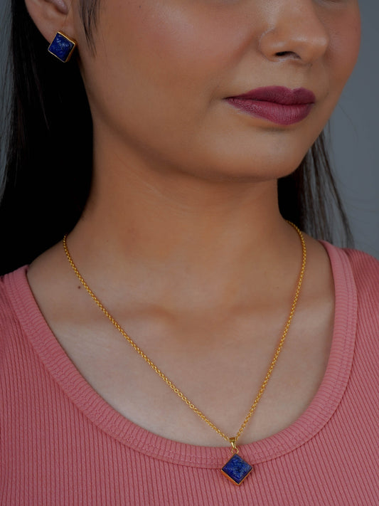 Square Carved Lapis Lazuli Silver Pendant Set