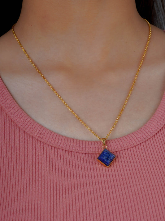 Square Carved Lapis Lazuli Silver Pendant Set