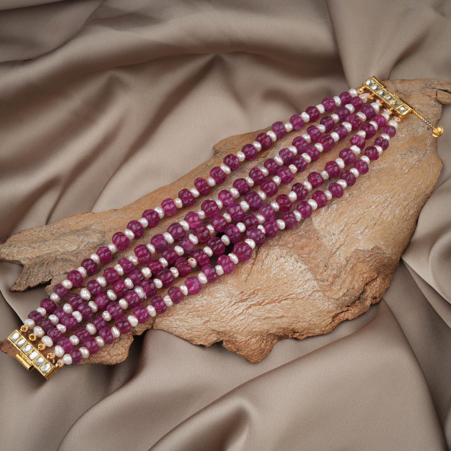 Kundan Pearl And Rani Pink Melons Hand Crafted Silver Bracelet