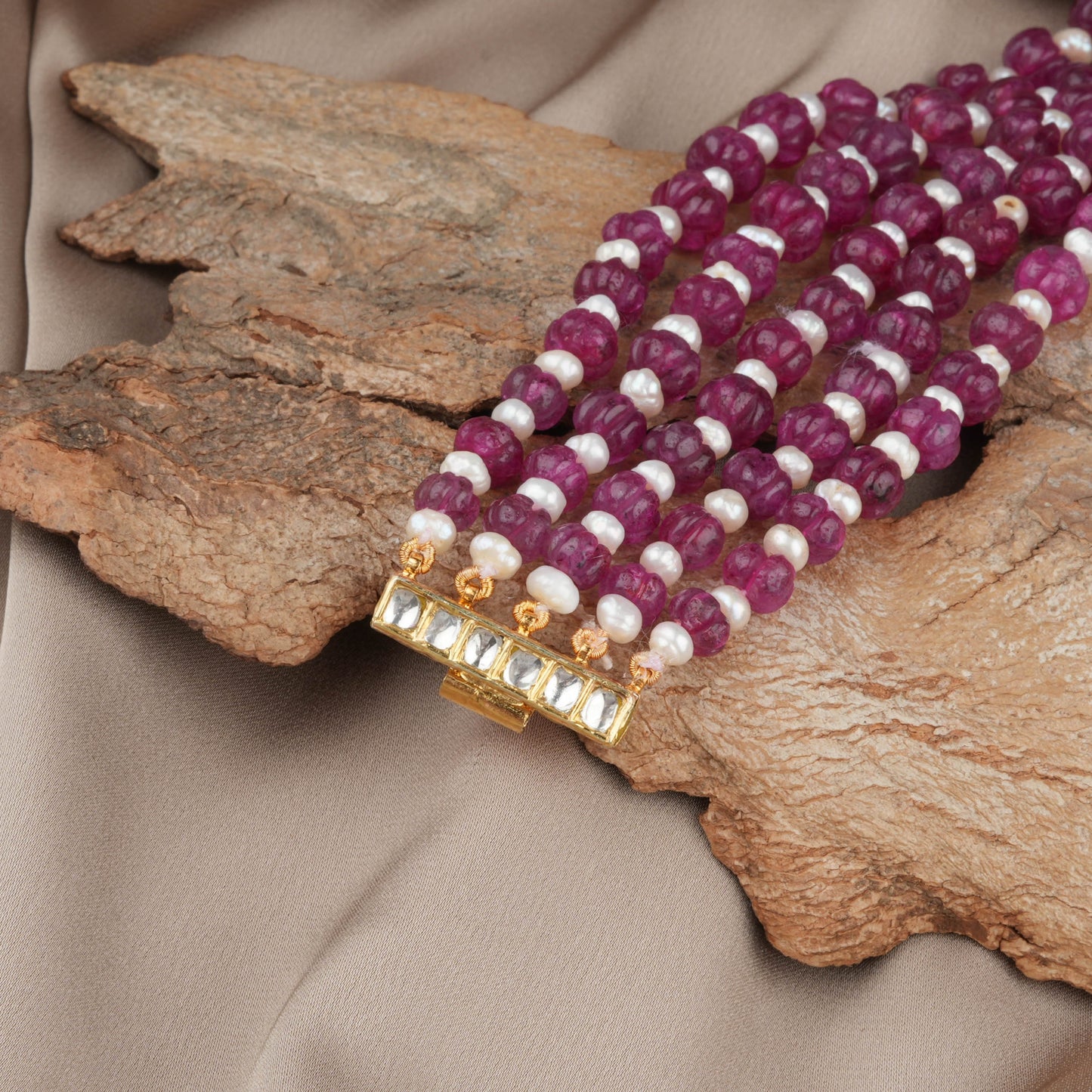 Kundan Pearl And Rani Pink Melons Hand Crafted Silver Bracelet