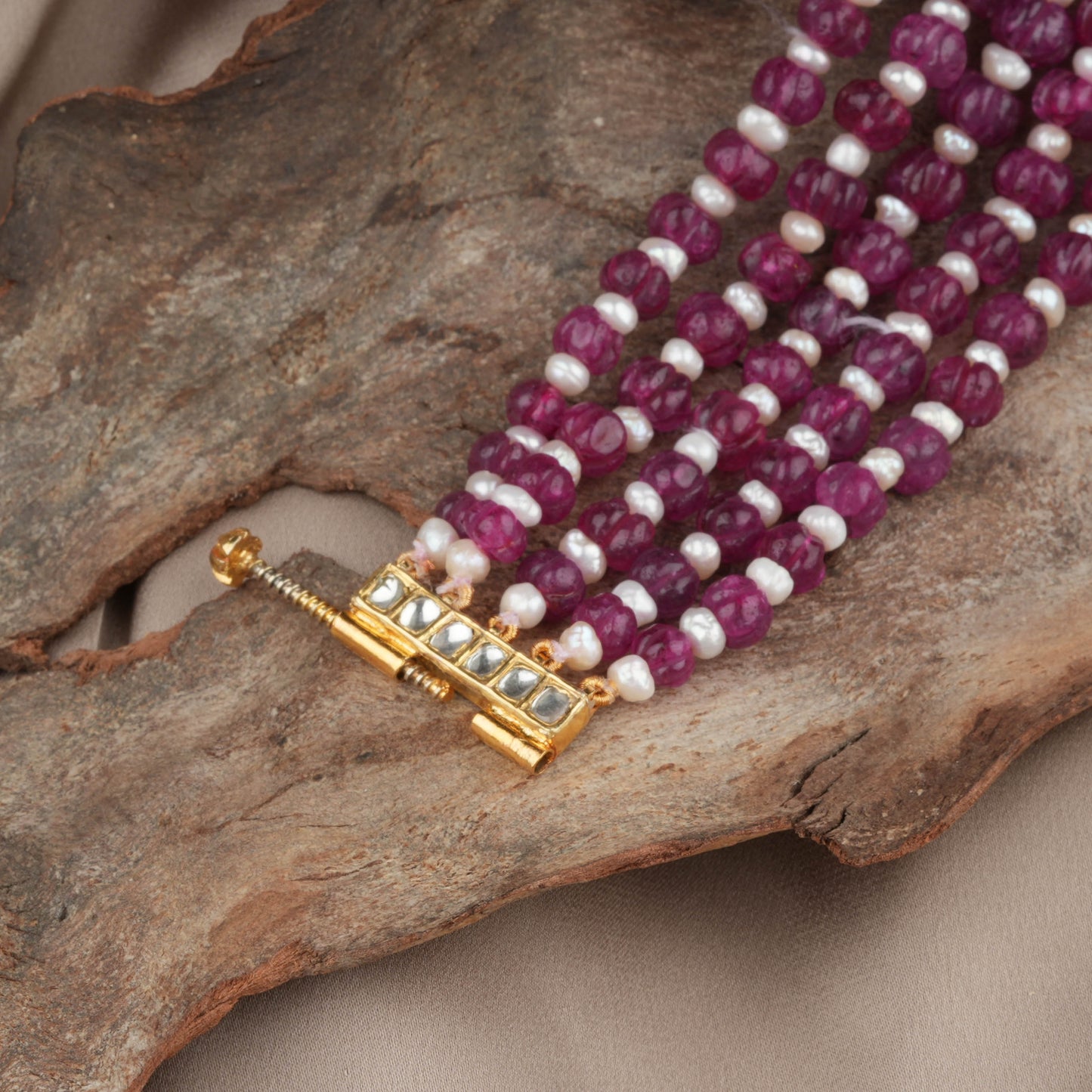 Kundan Pearl And Rani Pink Melons Hand Crafted Silver Bracelet