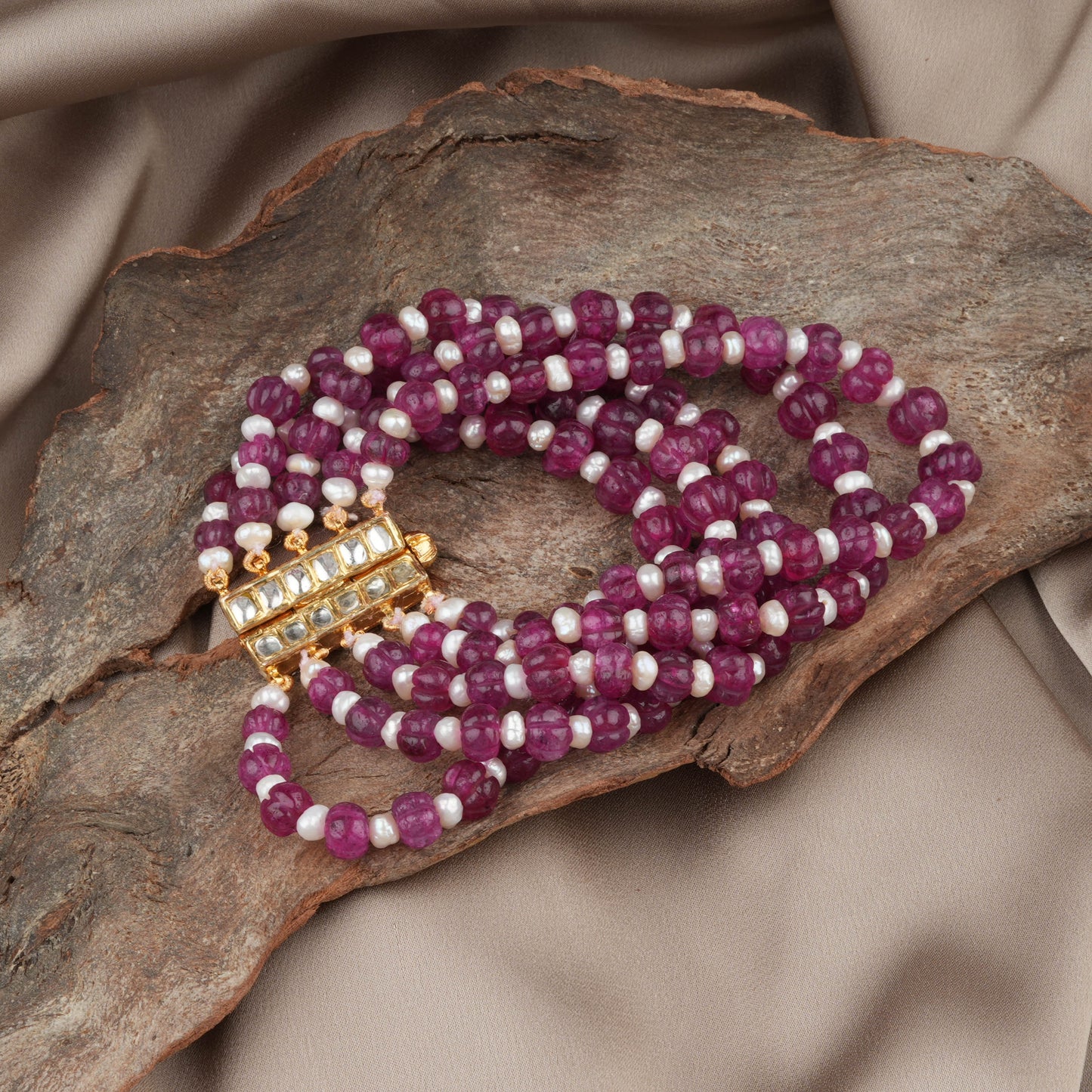 Kundan Pearl And Rani Pink Melons Hand Crafted Silver Bracelet