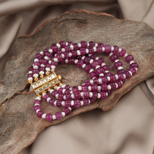 Kundan Pearl And Rani Pink Melons Hand Crafted Silver Bracelet