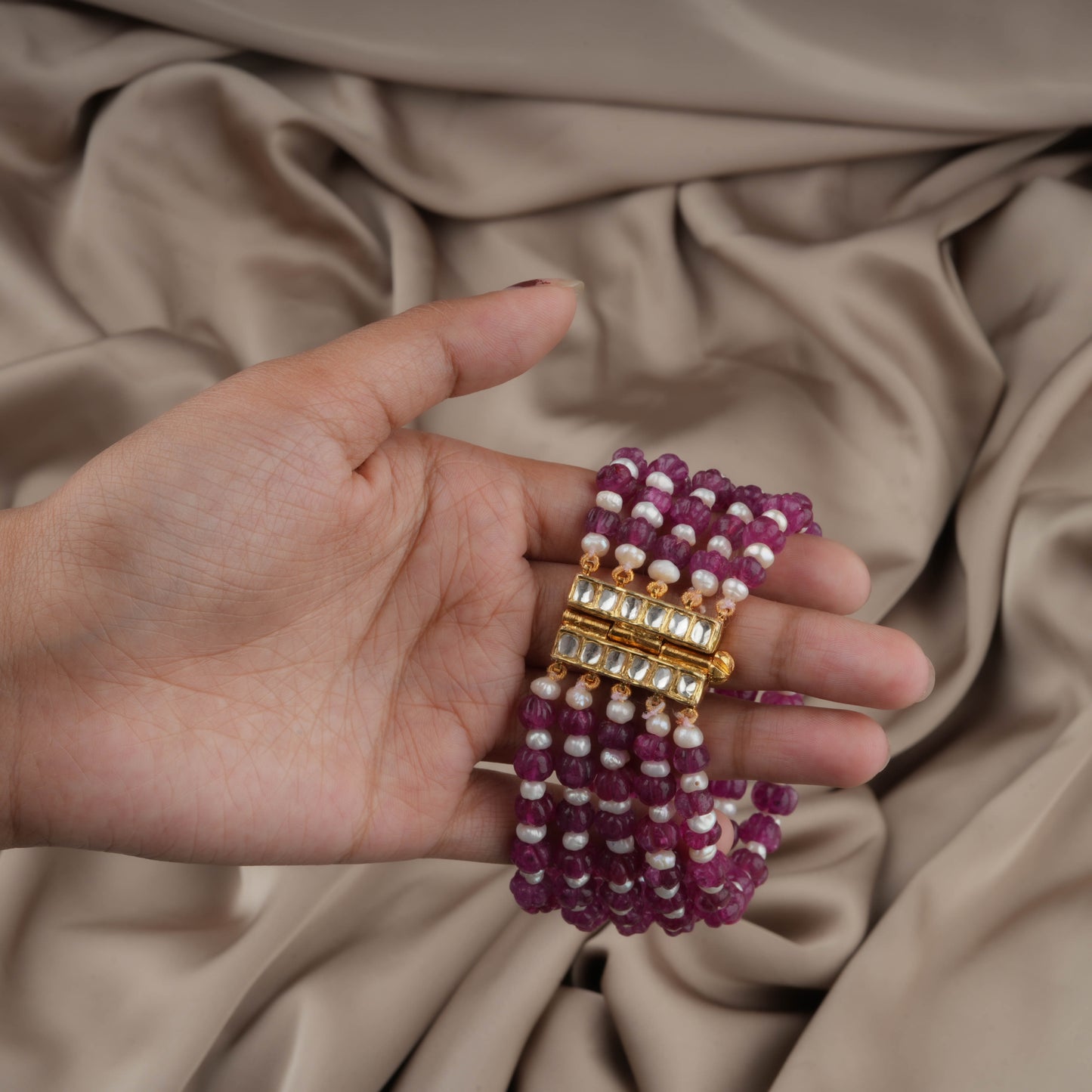 Kundan Pearl And Rani Pink Melons Hand Crafted Silver Bracelet