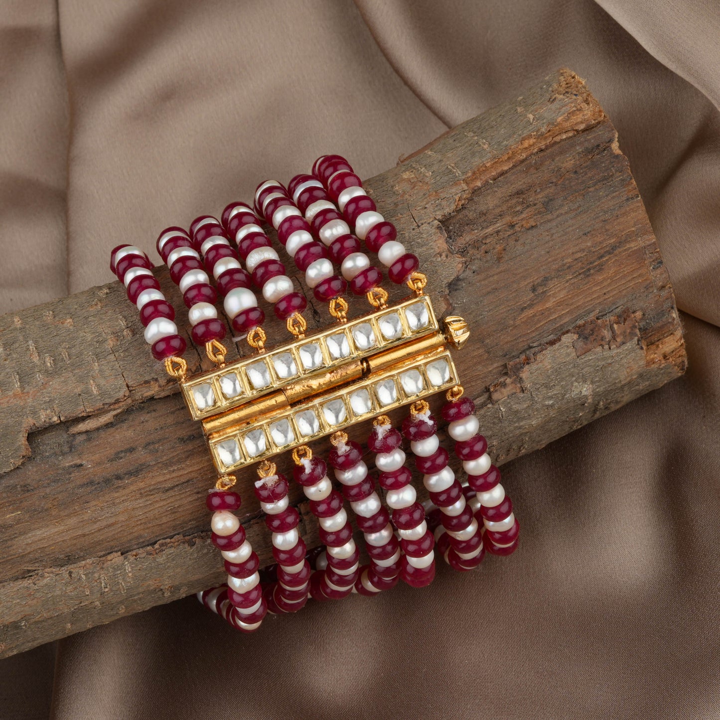 Kundan Pearls And Ruby Gold Plated Silver Bracelet