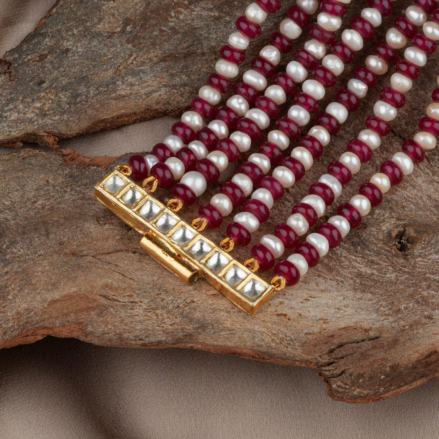 Kundan Pearls And Ruby Gold Plated Silver Bracelet