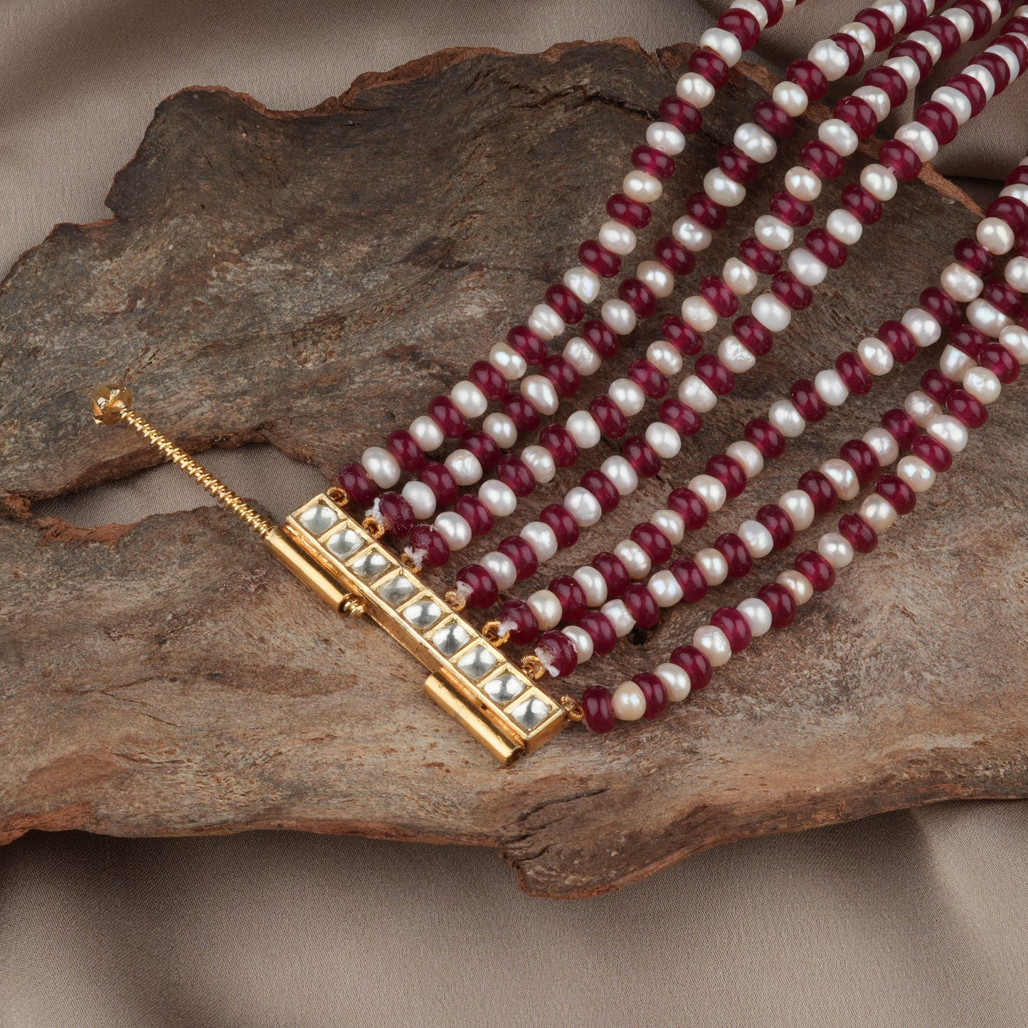 Kundan Pearls And Ruby Gold Plated Silver Bracelet