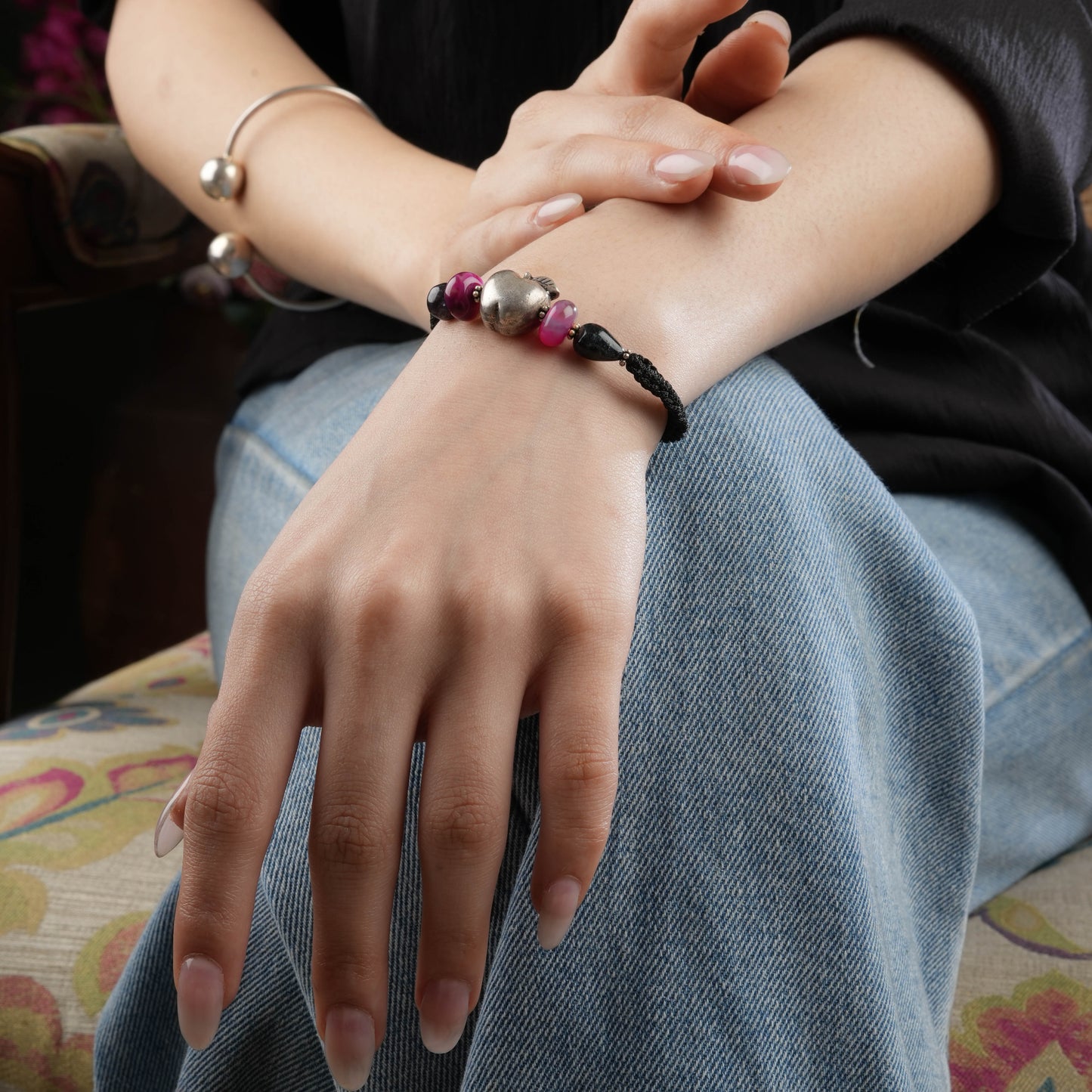 Apple Silver Black Thread Bracelet