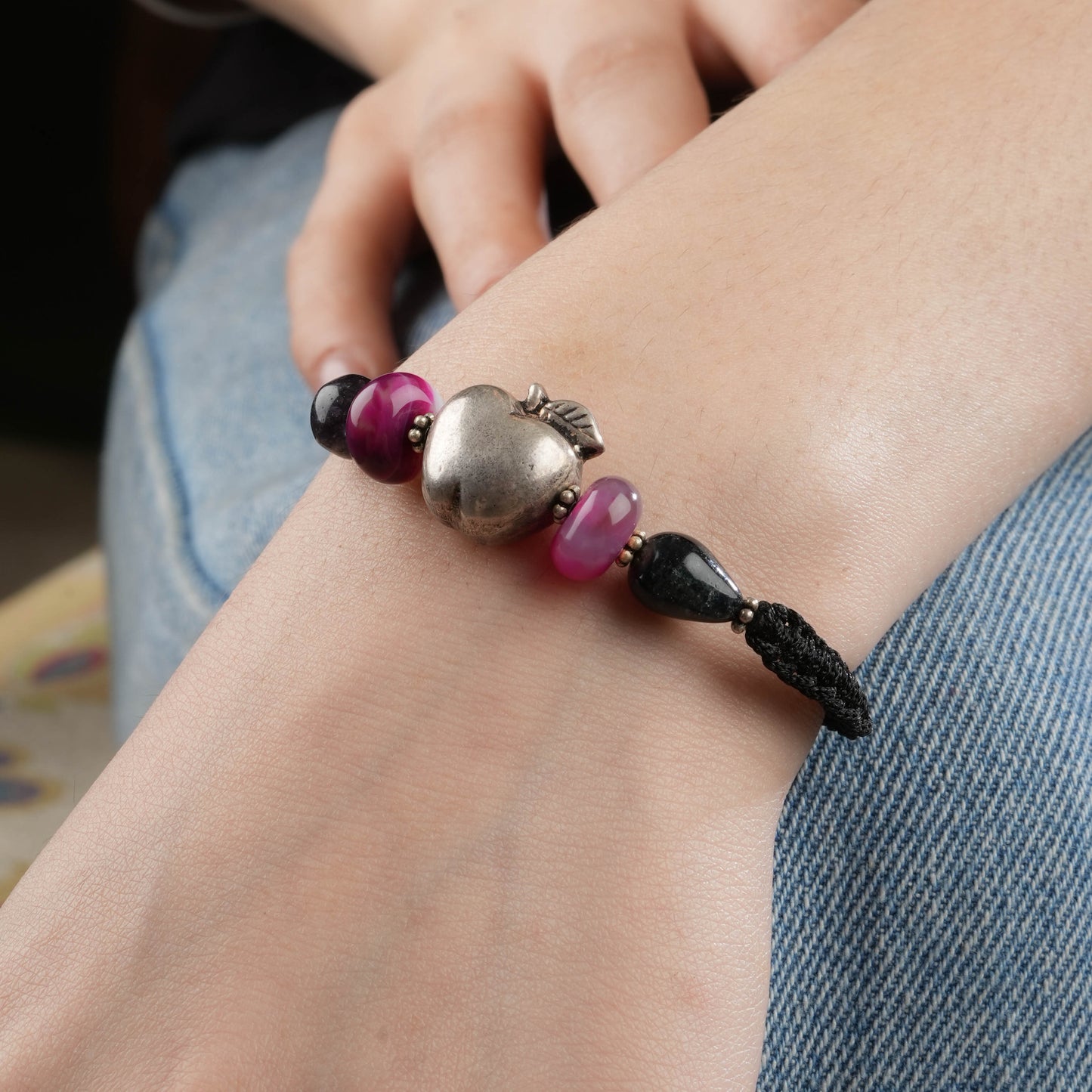 Apple Silver Black Thread Bracelet