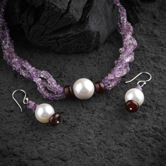 Amethyst Multi Strand Pearl Pendant Necklace Set