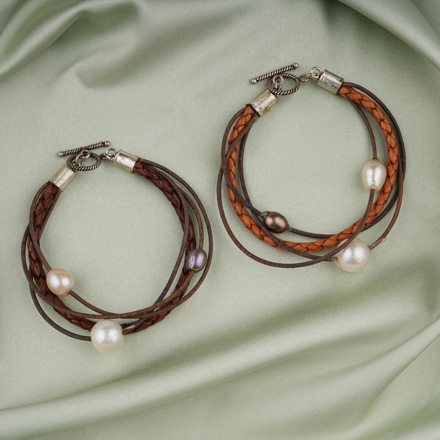 Silver Pearl Leather Bracelet