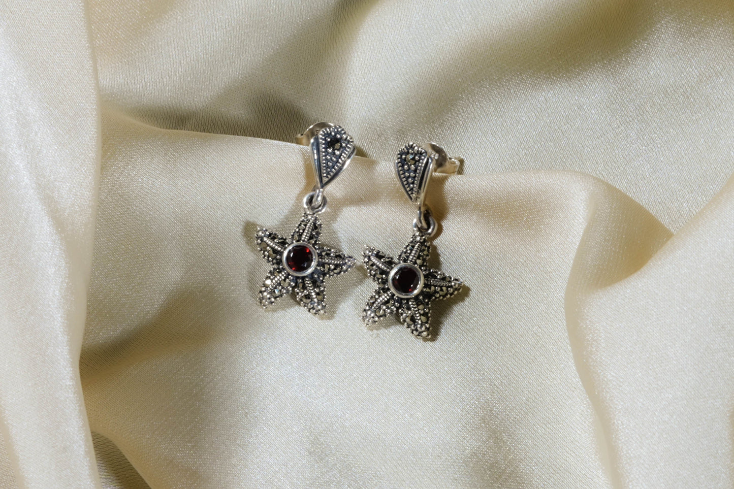 Marcasite Starfish Earrings with Garnet