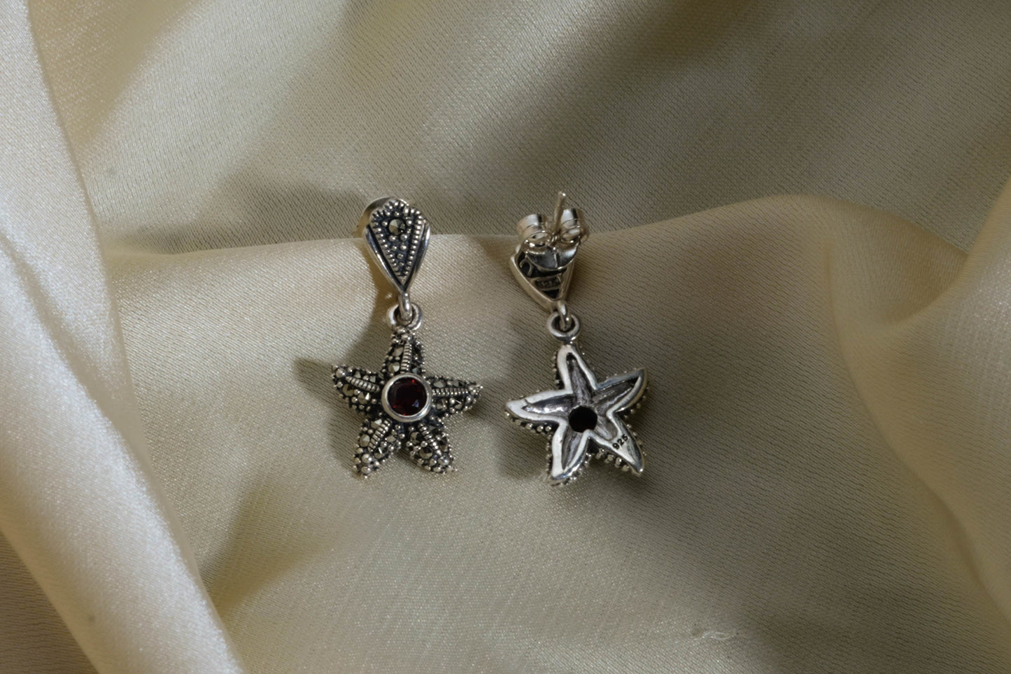Marcasite Starfish Earrings with Garnet