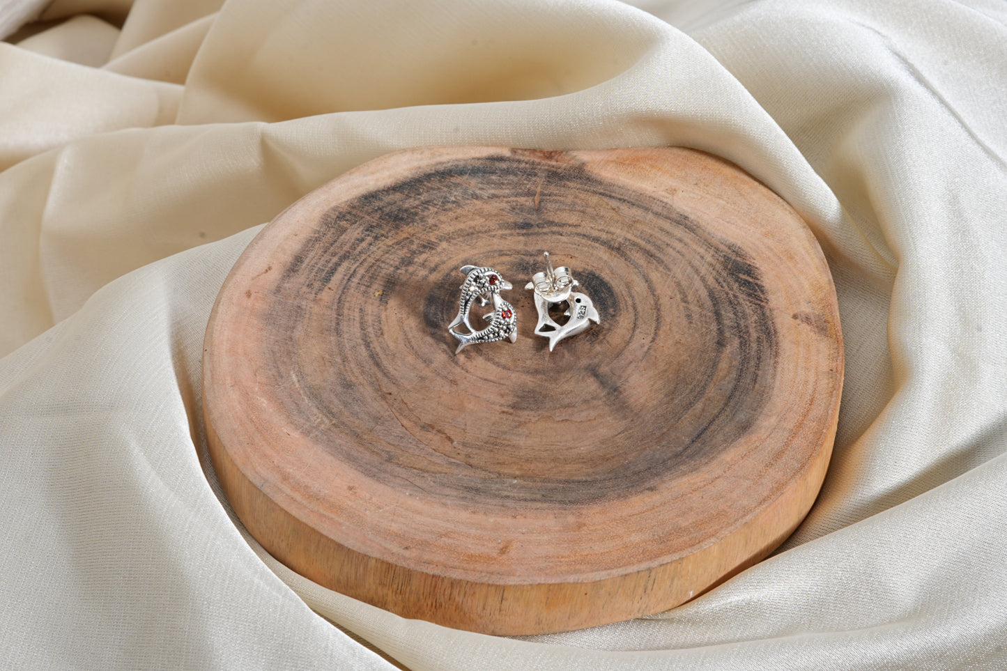 Garnet Glimmer Marcasite Fish Earrings