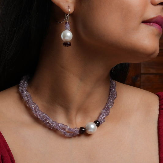 Amethyst Multi Strand Pearl Pendant Necklace Set