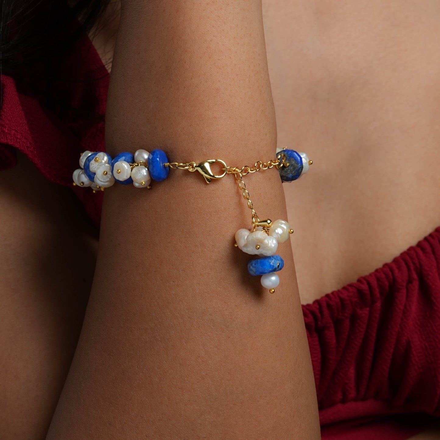 Faceted Lapis And Freshwater Pearls Bracelet