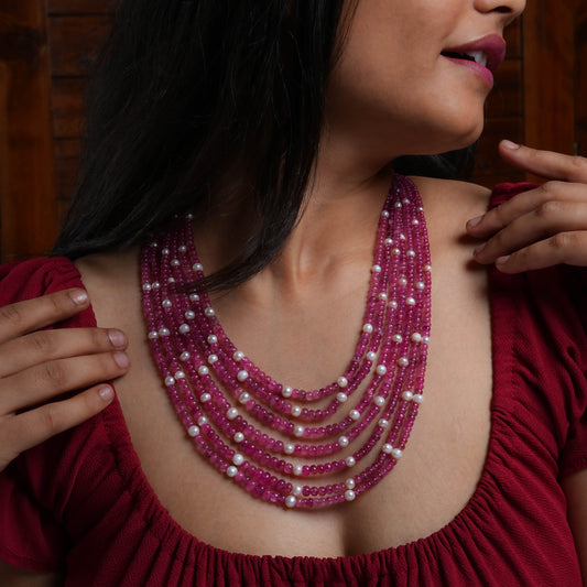 Cherry Red Pearls And Quartz Multilayer Necklace
