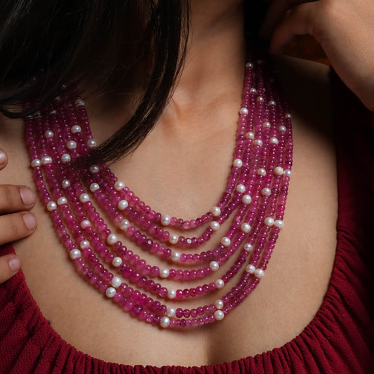 Cherry Red Pearls And Quartz Multilayer Necklace