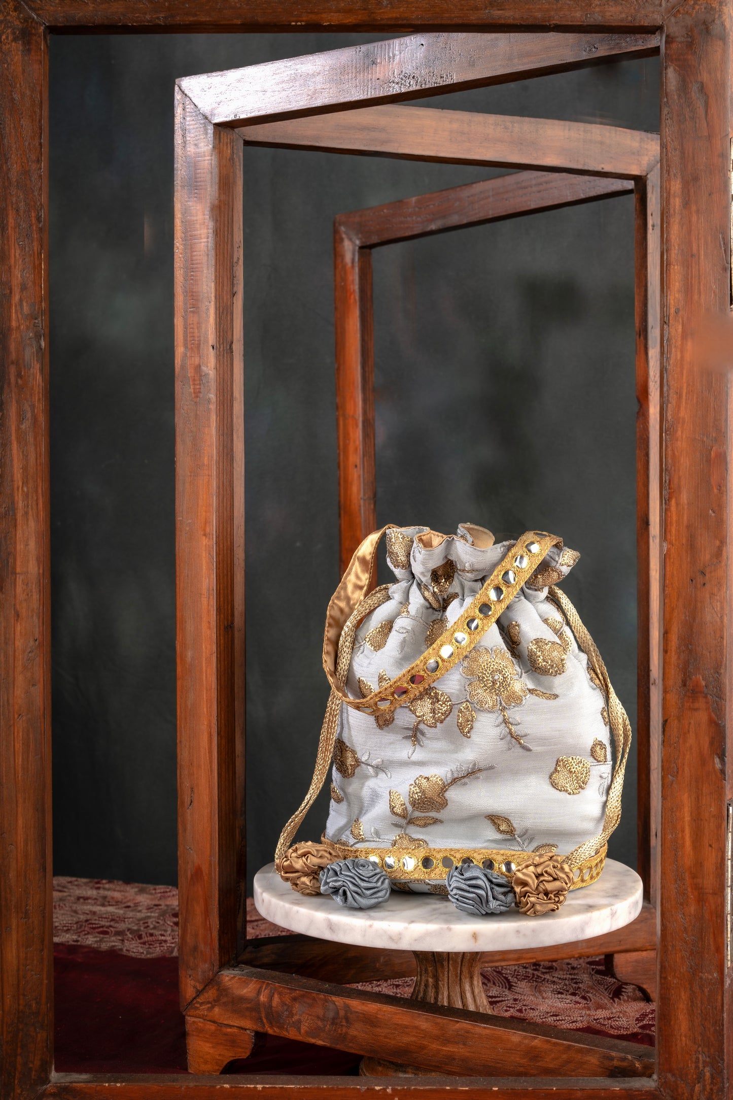 Grey Gold Embroidered Potli