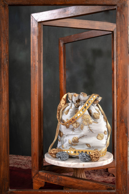 Grey Gold Embroidered Potli