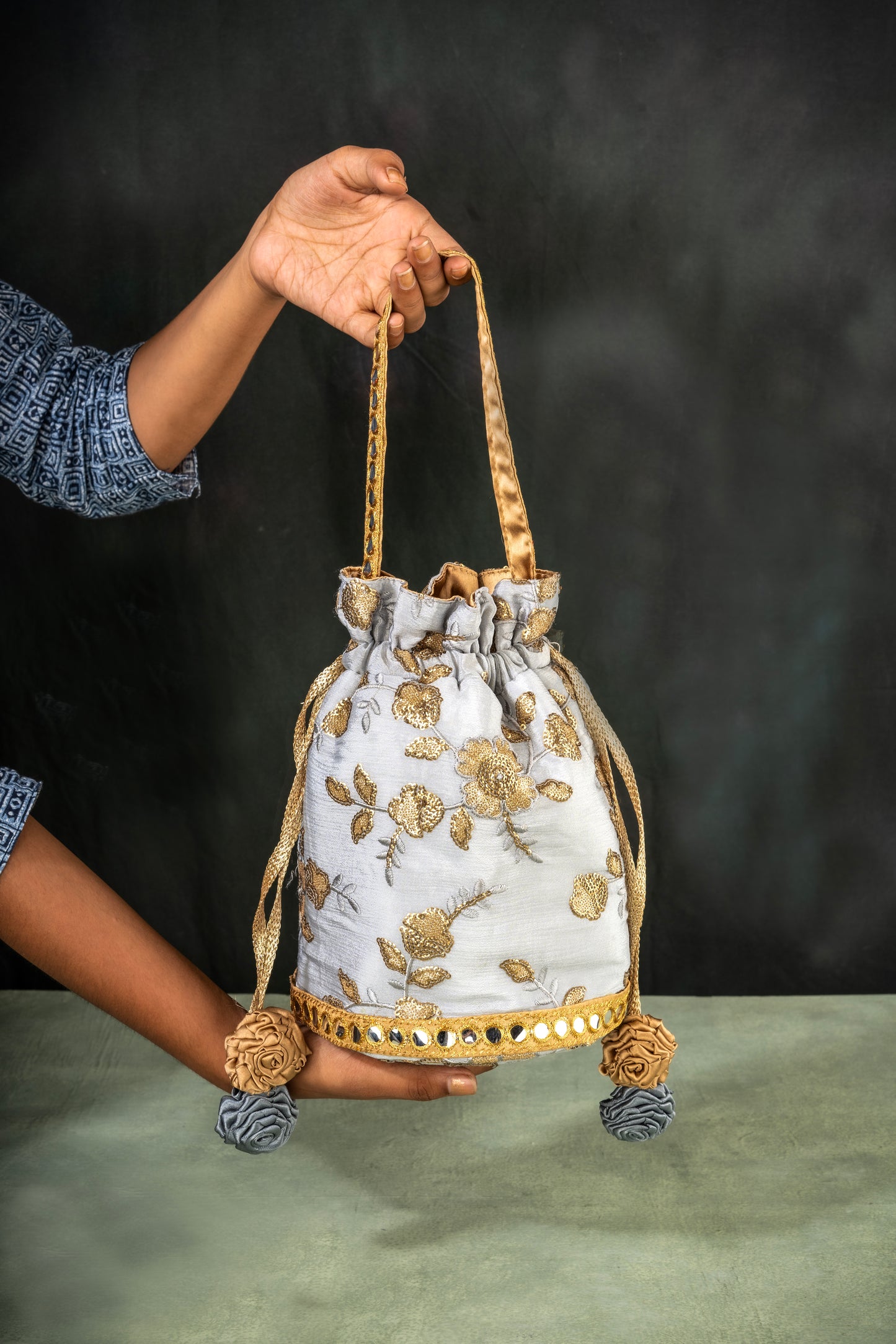 Grey Gold Embroidered Potli