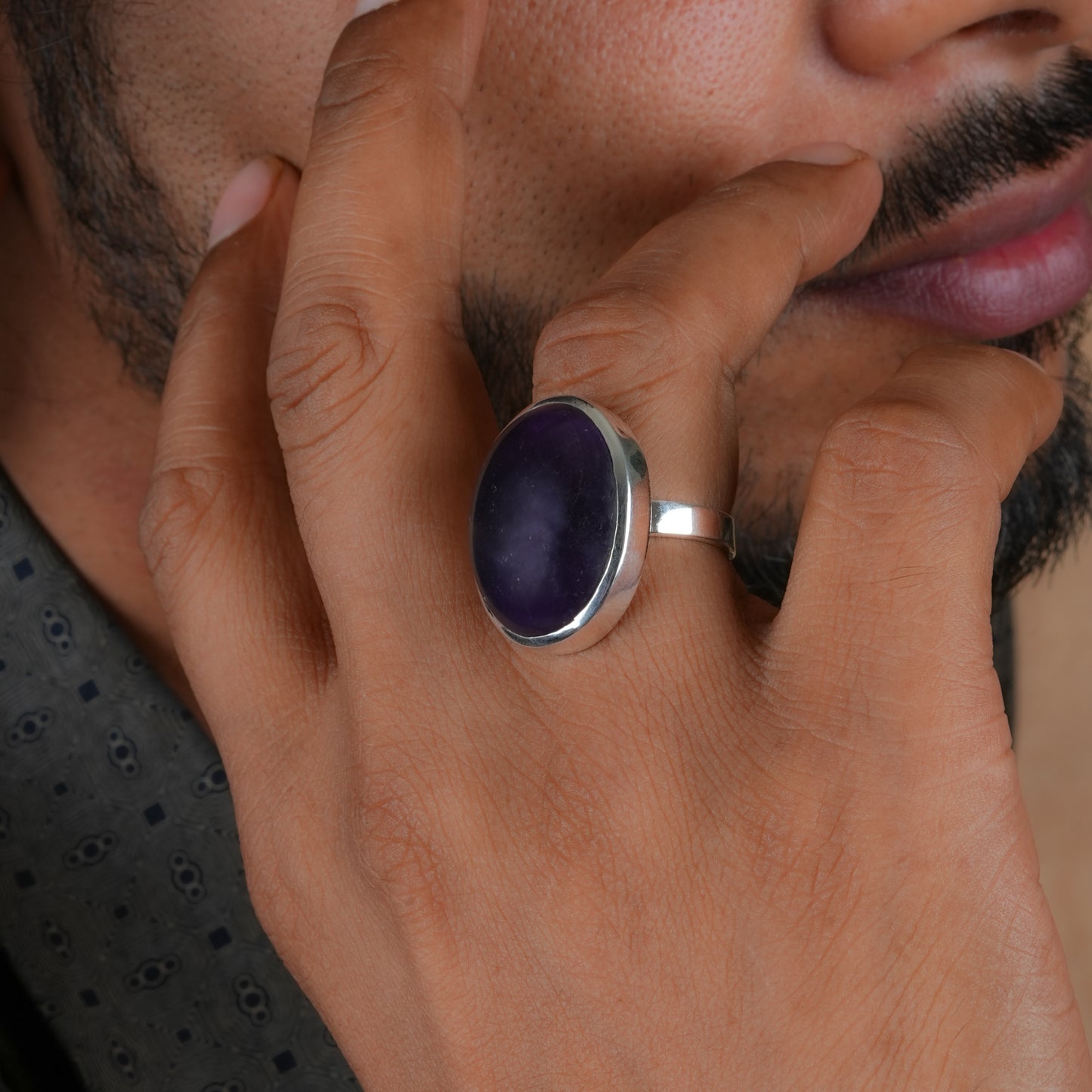 Majestic Natural Amethyst Oval Silver Ring