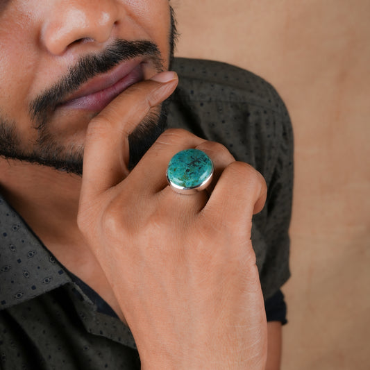Teal Horizon Round Chrysocolla Silver Ring