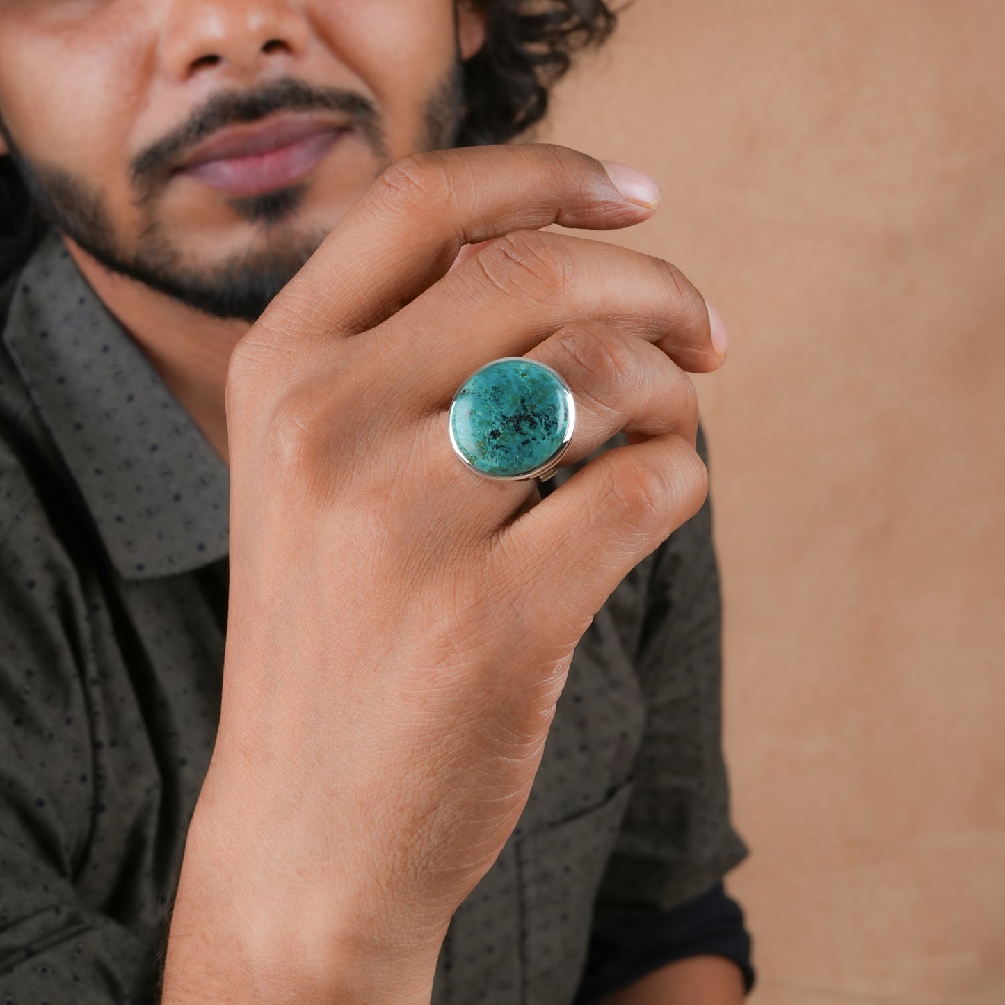 Teal Horizon Round Chrysocolla Silver Ring
