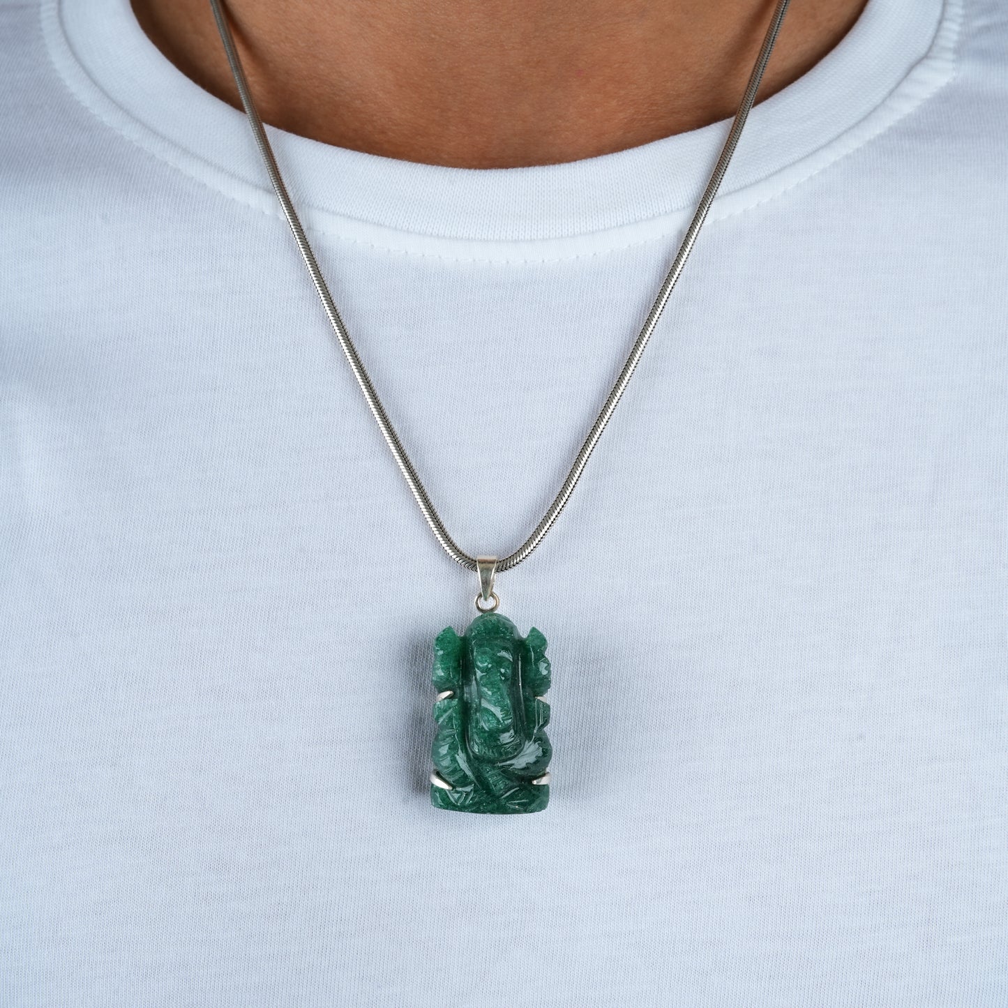 Green Aventurine Lord Ganesha Silver Pendant