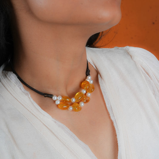 Amber Pearl Leather Chord Necklace