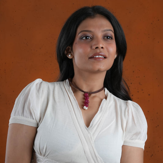 Pink Onyx Melons And pearl Leather Necklace