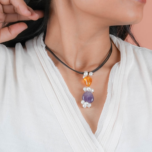 Pearl Amber Amethyst Leather Necklace