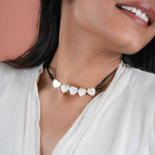 Little Hearts Freshwater Pearls And Leather Necklace