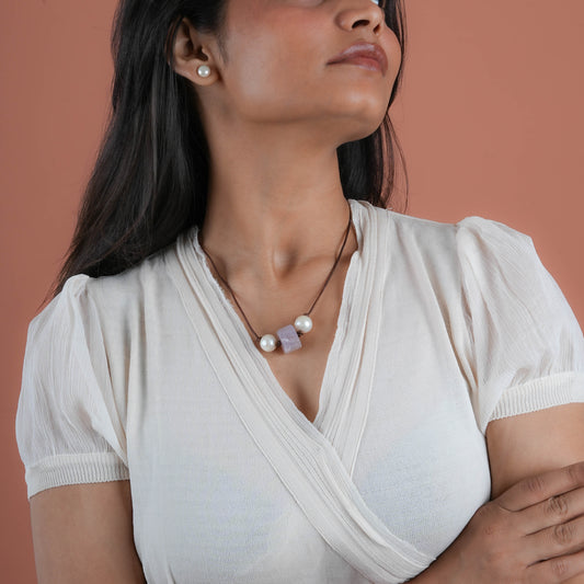 Pearl And Violet Leather Necklace