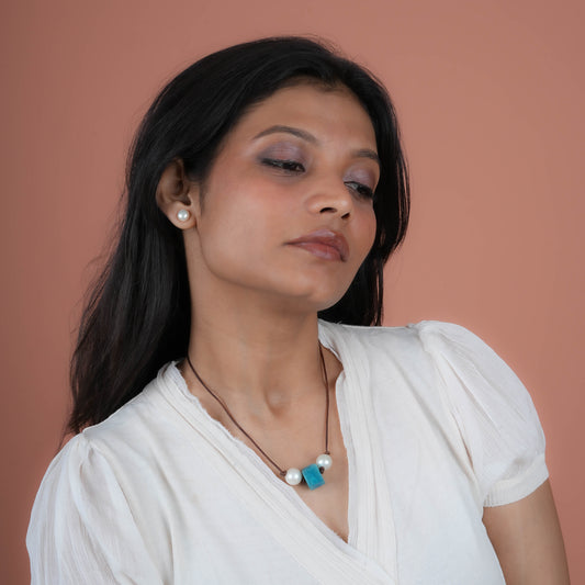 Pearl And Teal Leather Necklace