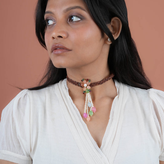 Peach Flower Pearls Braided Leather Bracelet