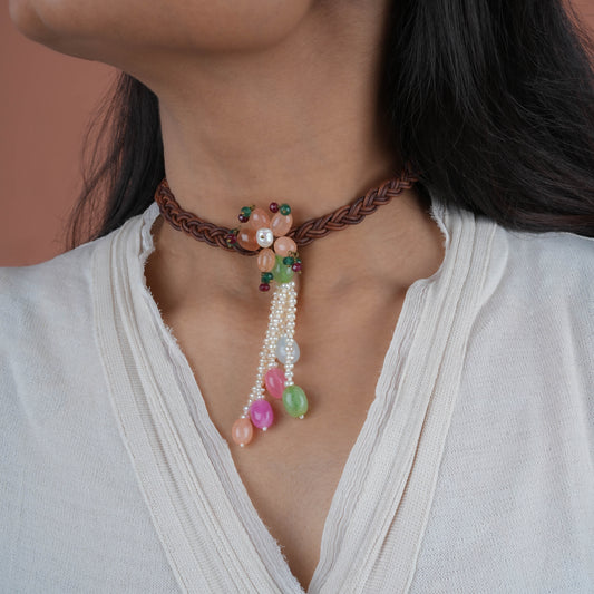 Peach Flower Pearls Braided Leather Bracelet