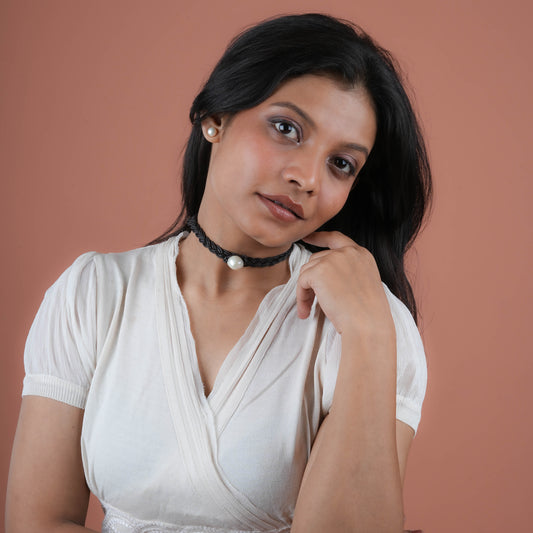 Braided Brown Leather Chord Pearl Drop Necklace