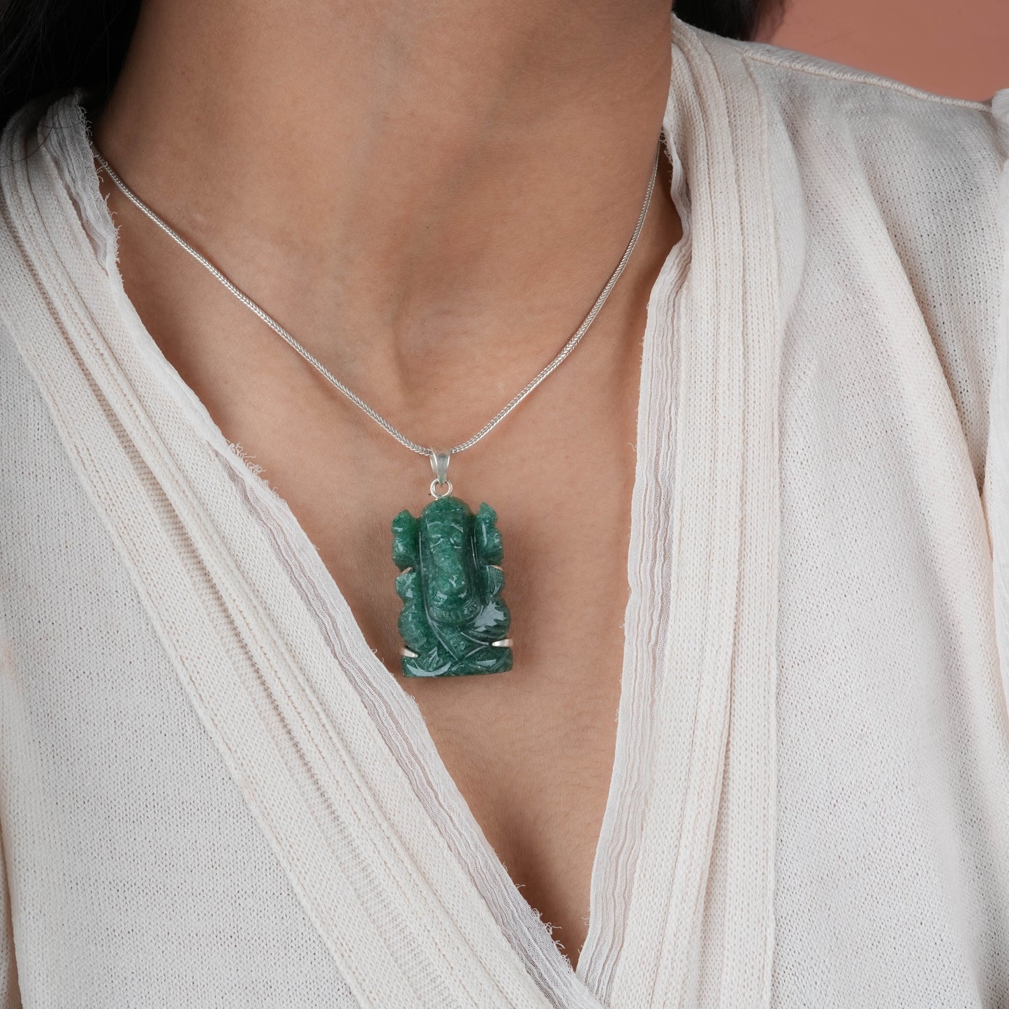 Green Aventurine Lord Ganesha Silver Pendant