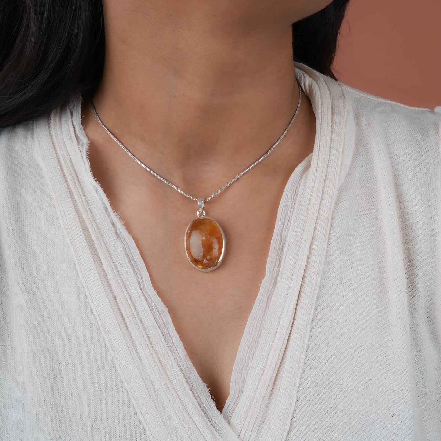 Natural Citrine Oval Silver Pendant