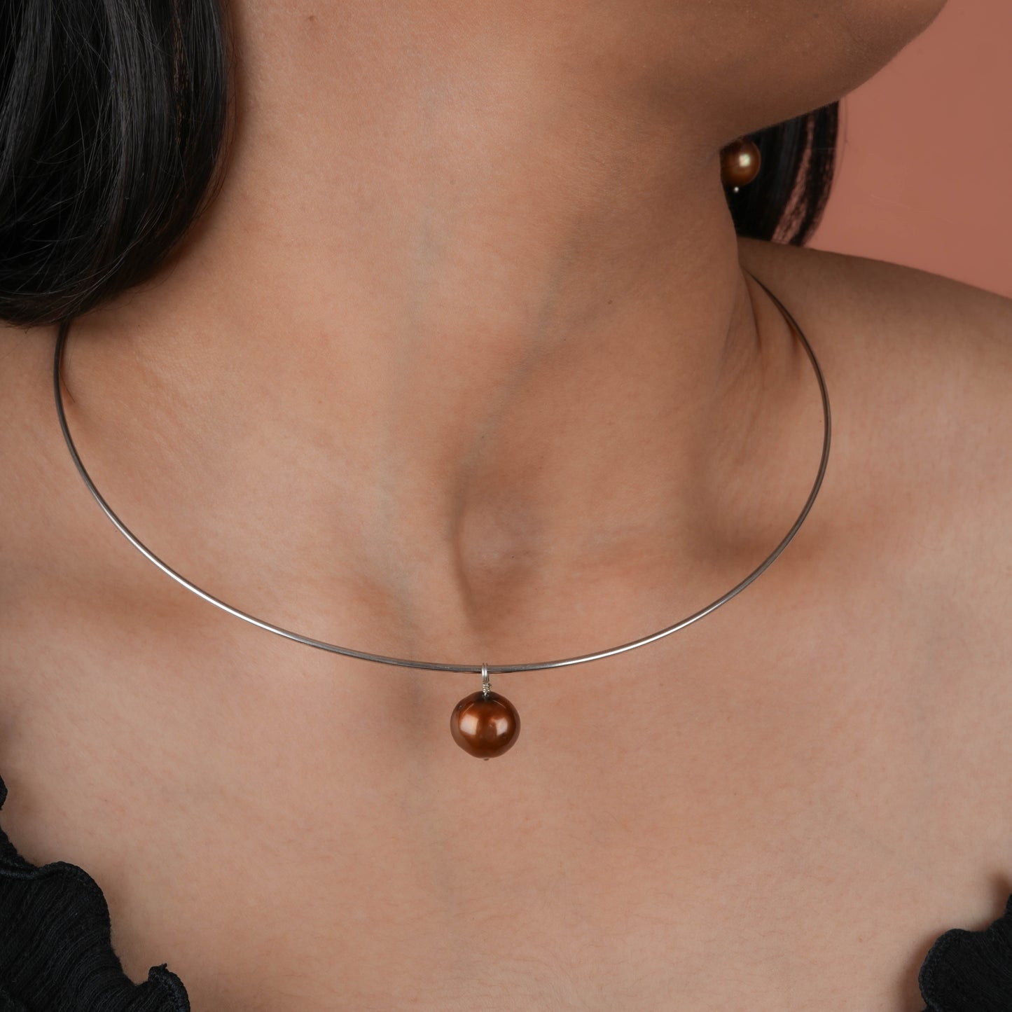 Minimal Chocolate Pearl Silver Hasli Set