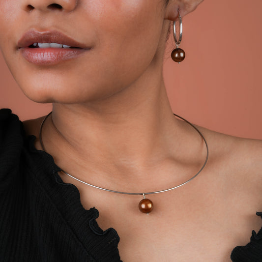 Minimal Chocolate Pearl Silver Hasli Set