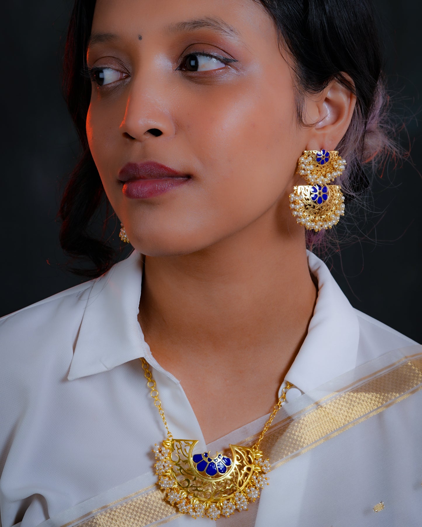 Mogra Necklace with Marigold Duet Earrings (Blue)