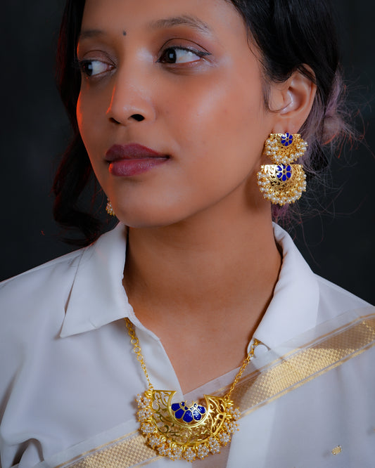 Mogra Necklace with Marigold Duet Earrings (Blue)