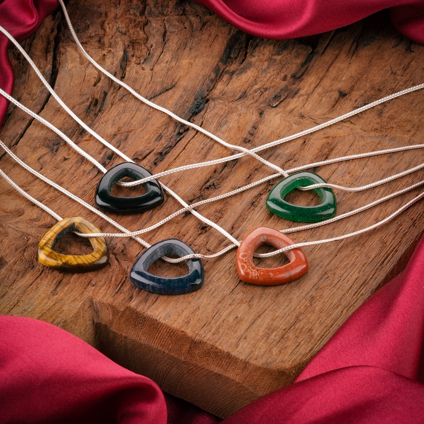 Carved Natural Red Jasper Triangle Silver Necklace