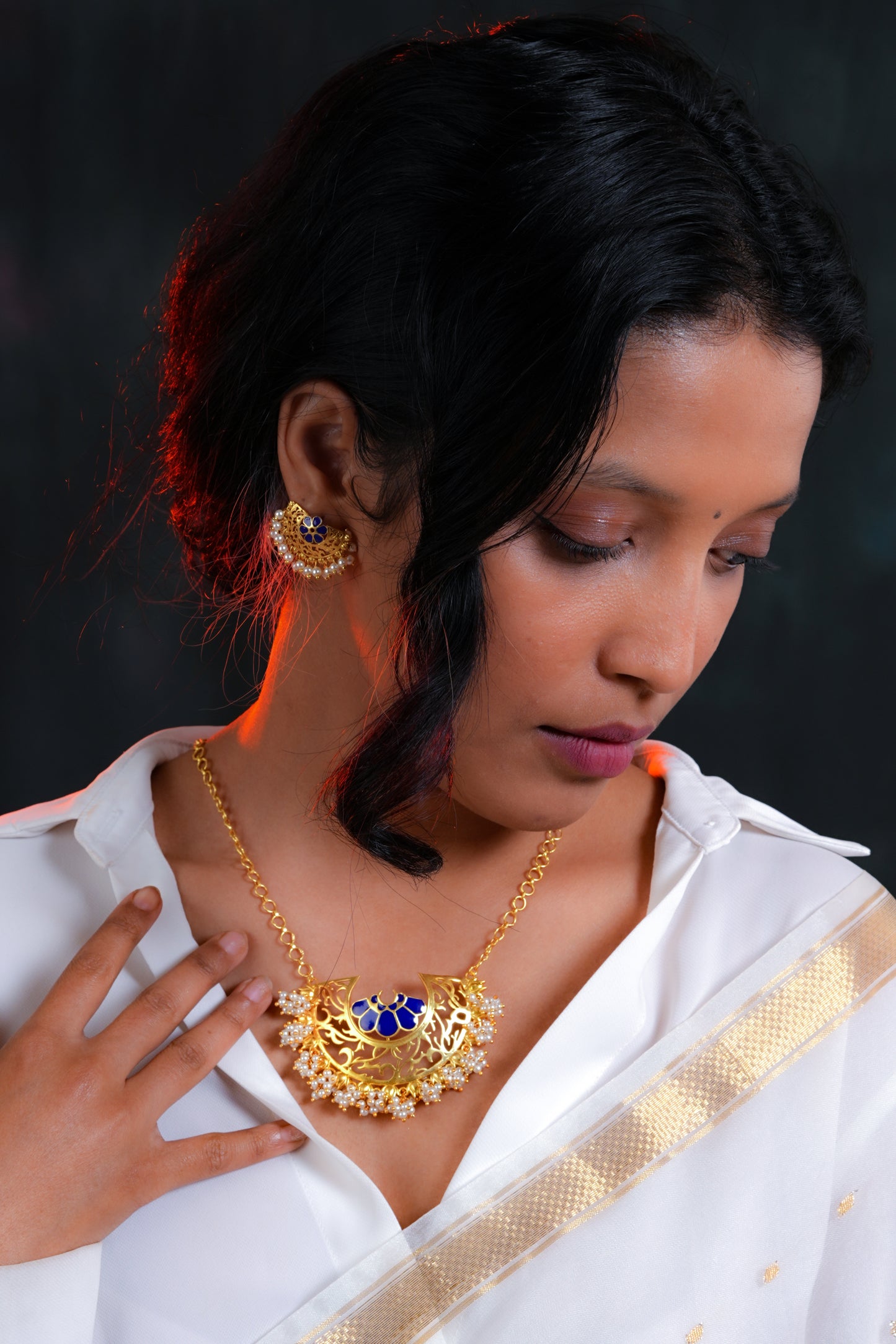 Mogra Necklace with Marigold Studs (Blue)