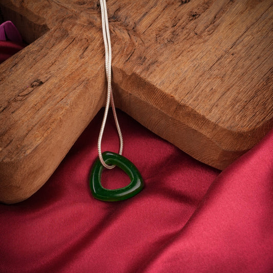 Carved Natural Green Onyx  Triangle Silver Necklace