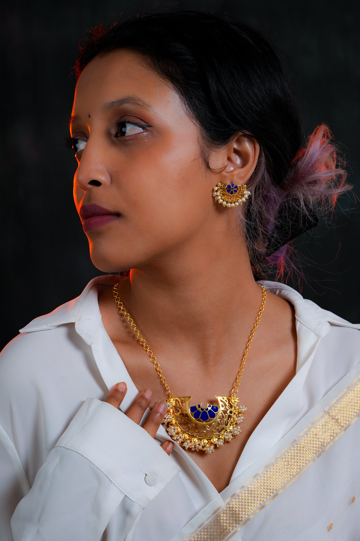 Mogra Necklace with Marigold Studs (Blue)